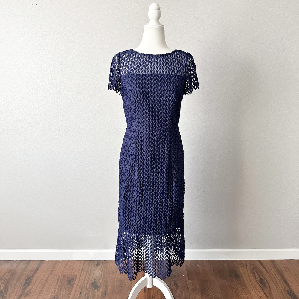 Kay Unger Tatum Navy Blue Leaf Open Crochet Illusion Midi Dress‎ Women's Size 6